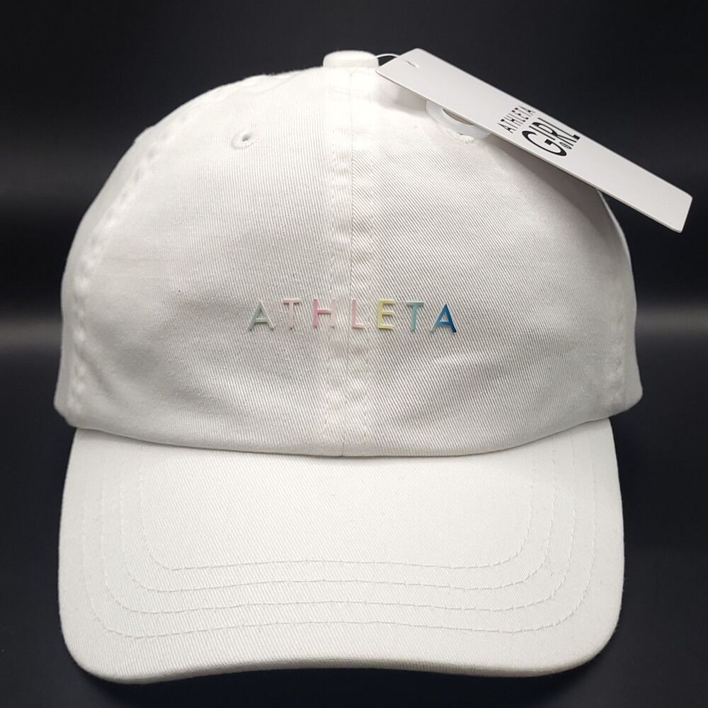 New Athleta Classic Cap White Rainbow Spell Out Baseball Hat Athleta Girl NWT